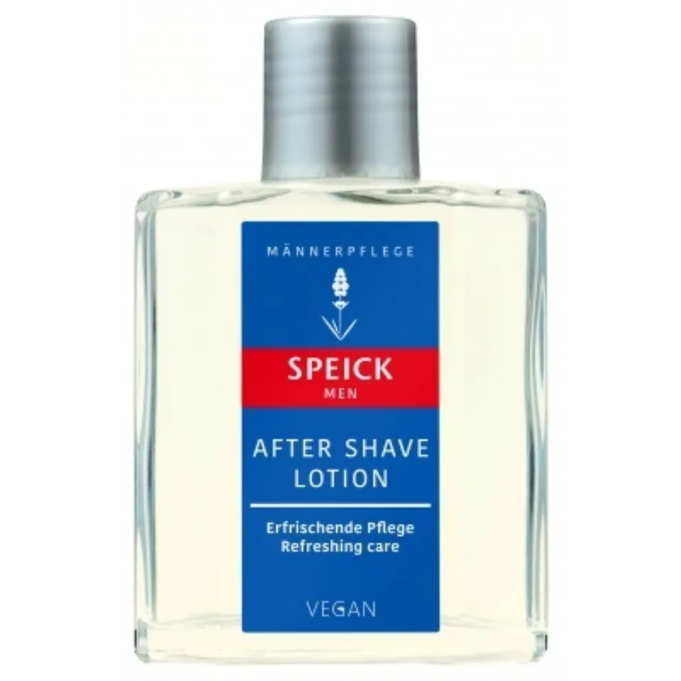 Speick Men After Shave Lotion bottle with blue and red label, vegan formula.