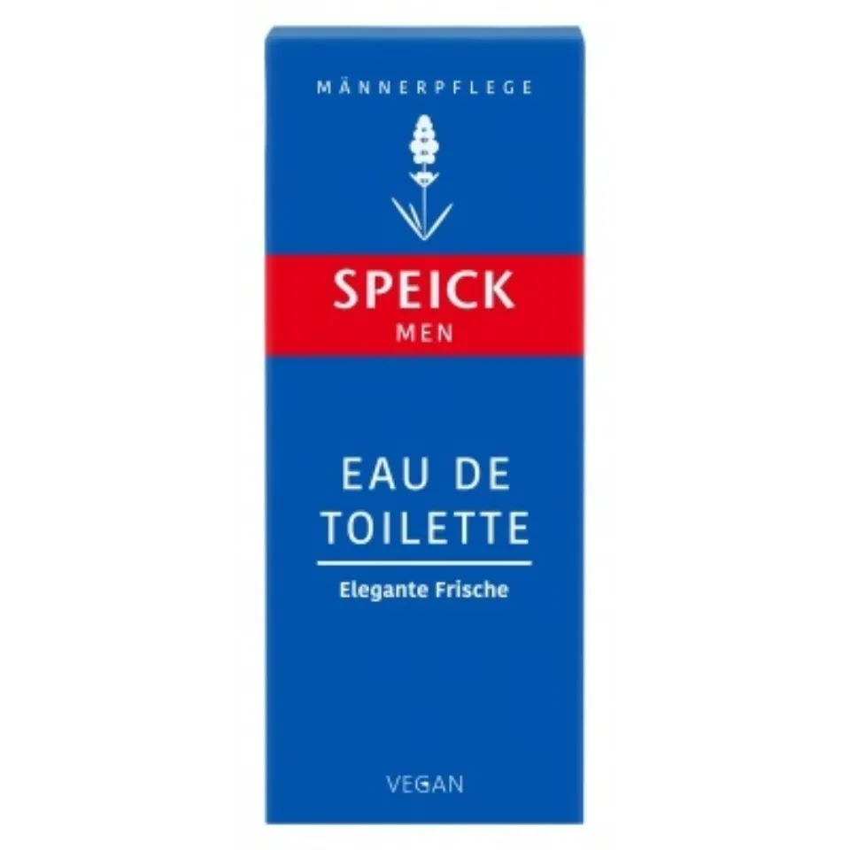 Speick Men Eau de Toilette box, blue with red band, labelled "Elegante Frische", vegan.