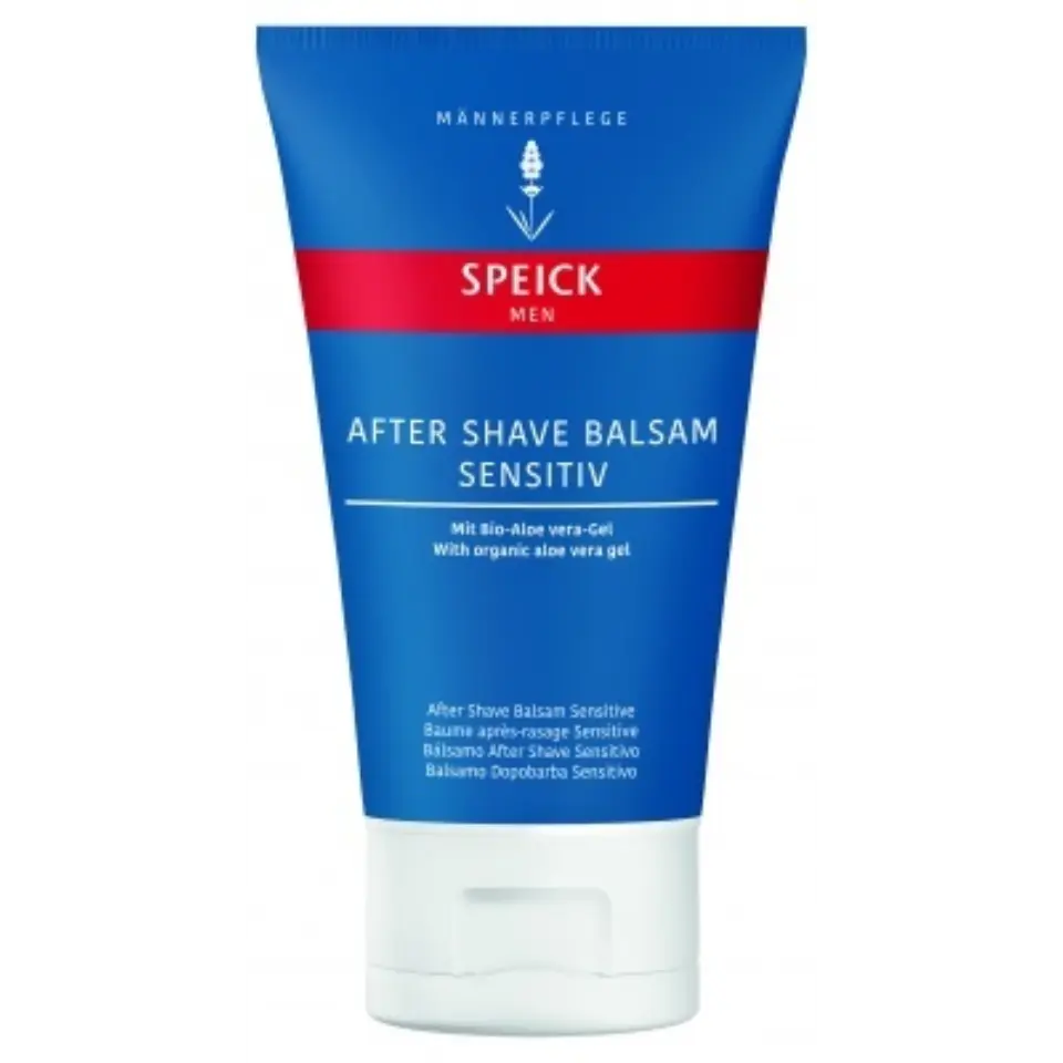 Blue tube of Speick Men After Shave Balm Sensitive with aloe vera gel.