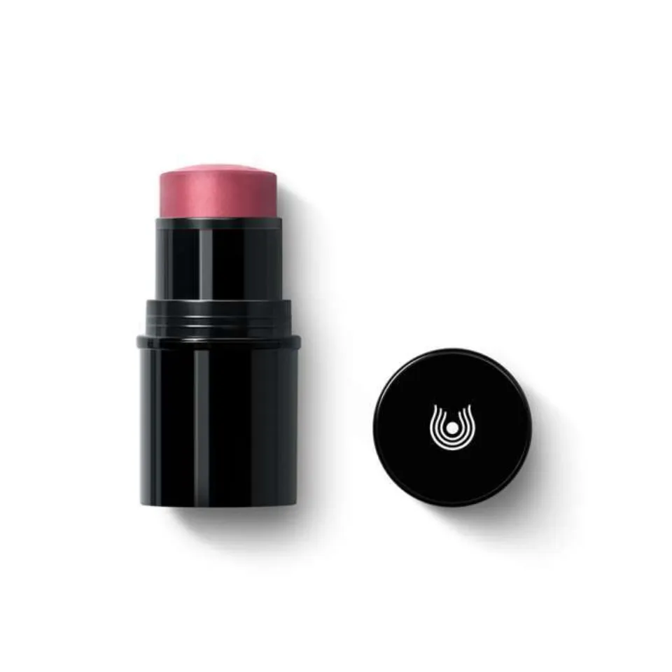 Black blush stick with pink tip, cap beside it featuring a white logo.
