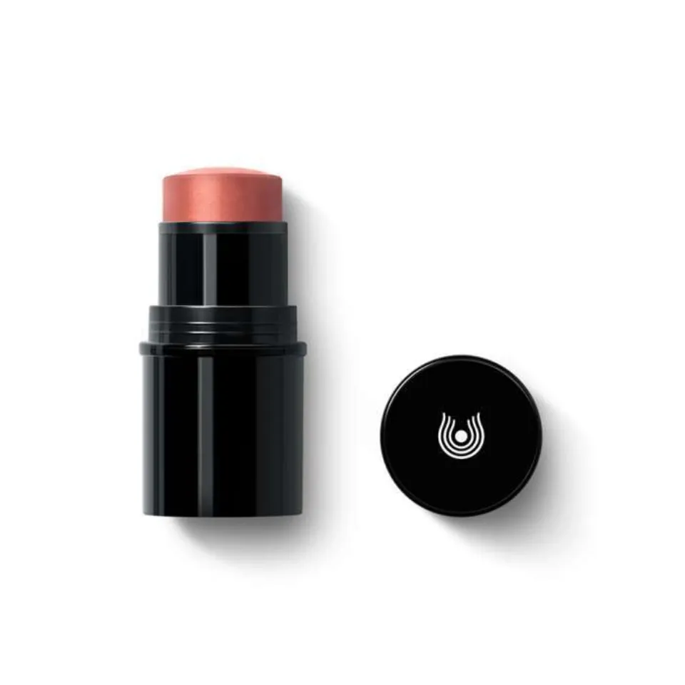 Black blush stick with pink tip, cap beside it displaying a white logo.