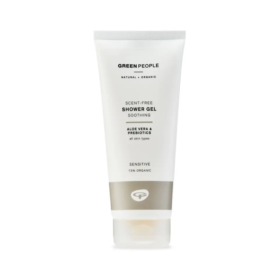 Green People scent-free shower gel with aloe vera, prebiotics, 73% organic, for sensitive skin.