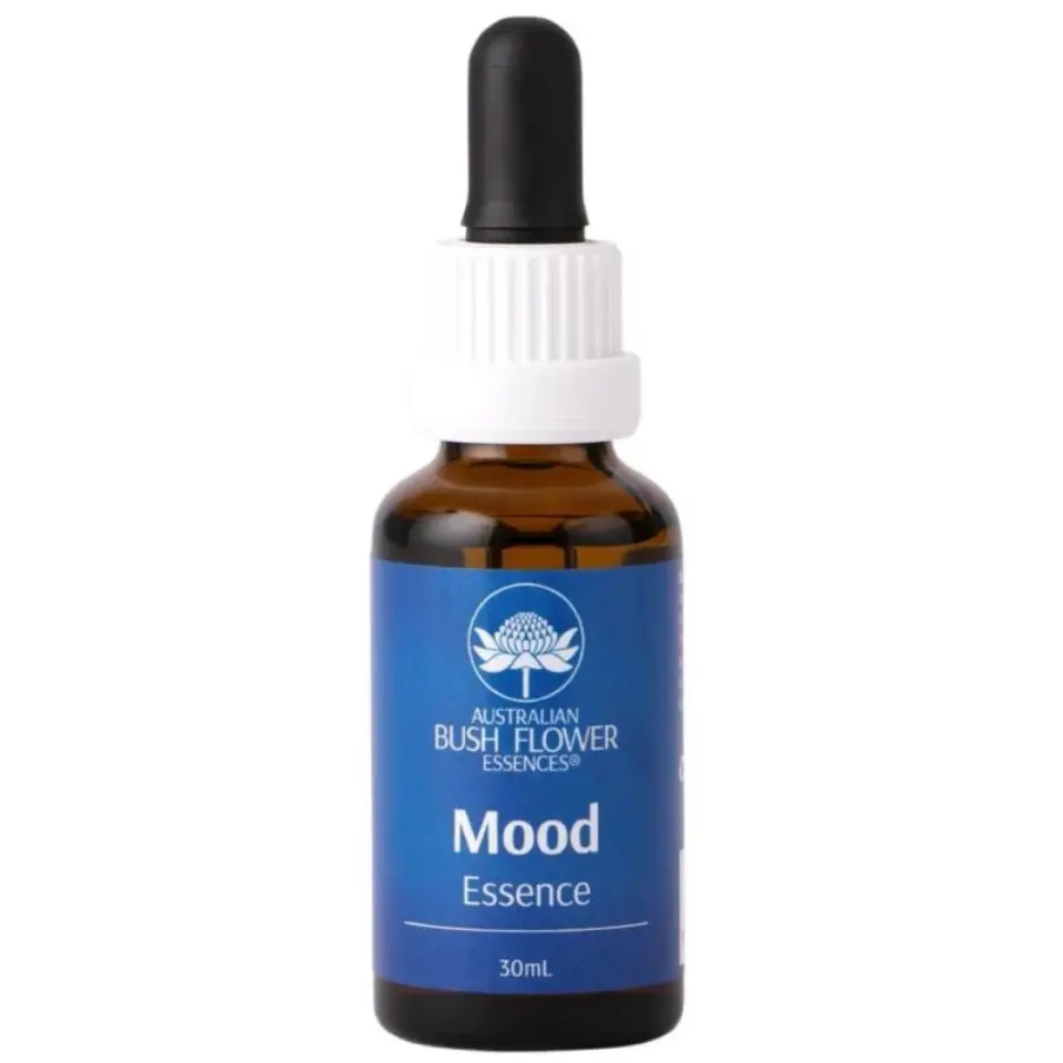 Brown bottle with dropper, labelled "Mood Essence, 30mL, Australian Bush Flower Essences".