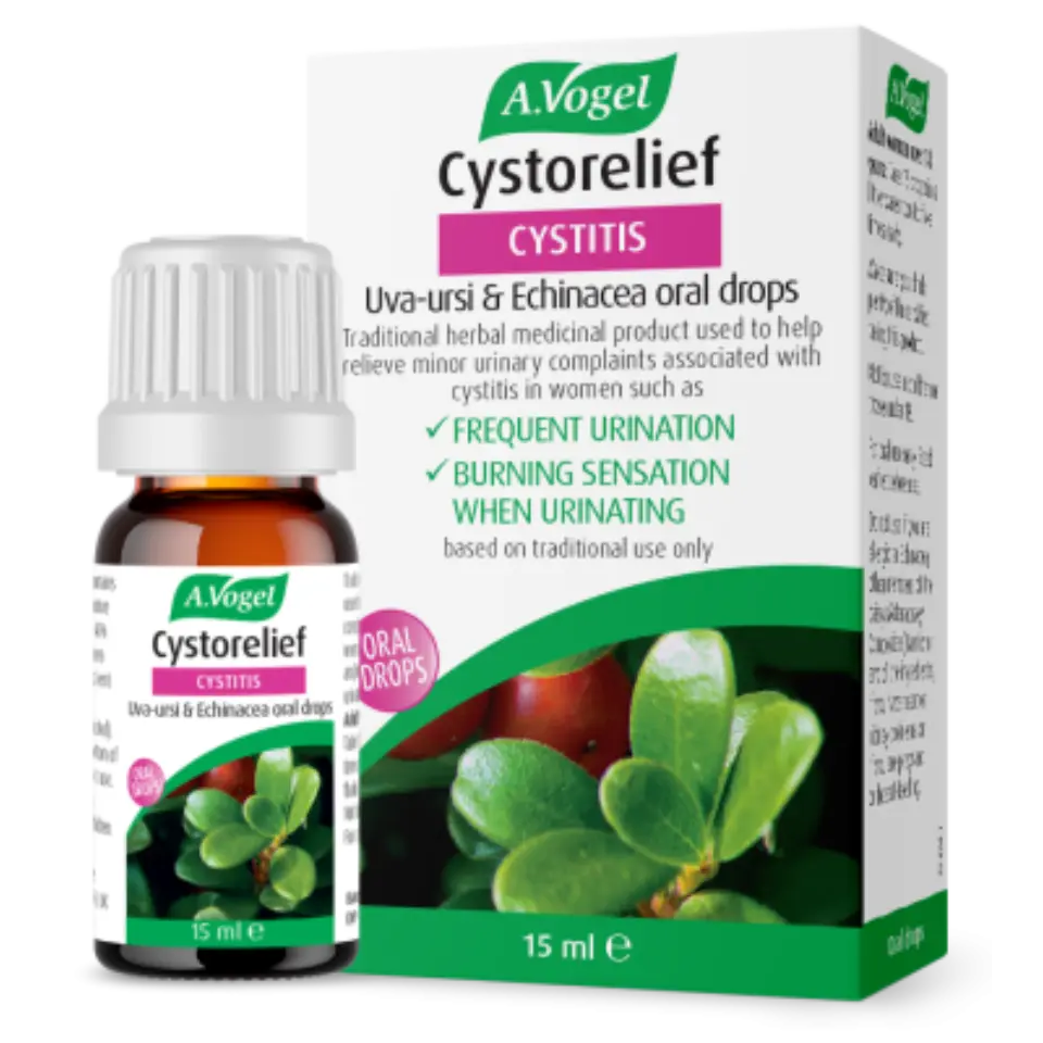 A.Vogel Cystorelief oral drops for cystitis, 15 ml bottle and box with plant image.