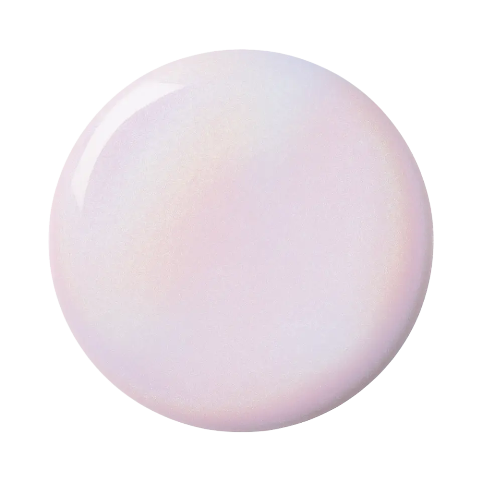 Pink iridescent skincare cream swatch on a black background.