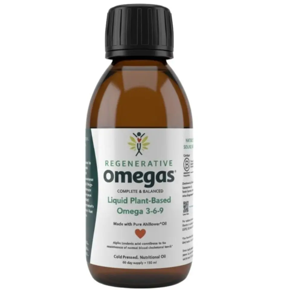 Regenerative Omegas liquid plant-based Omega 3-6-9, 150ml bottle with black cap.