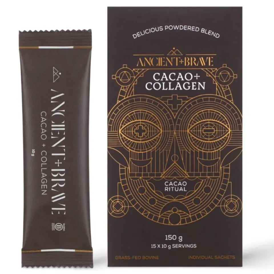 Ancient + Brave Cacao + Collagen sachet and box, 150g, grass-fed bovine.