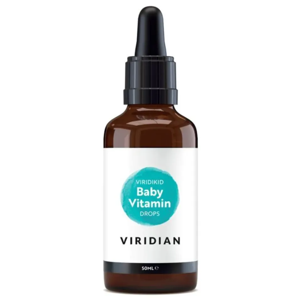 Brown bottle of Viridian Viridikid Baby Vitamin Drops, 50ml, with dropper cap.
