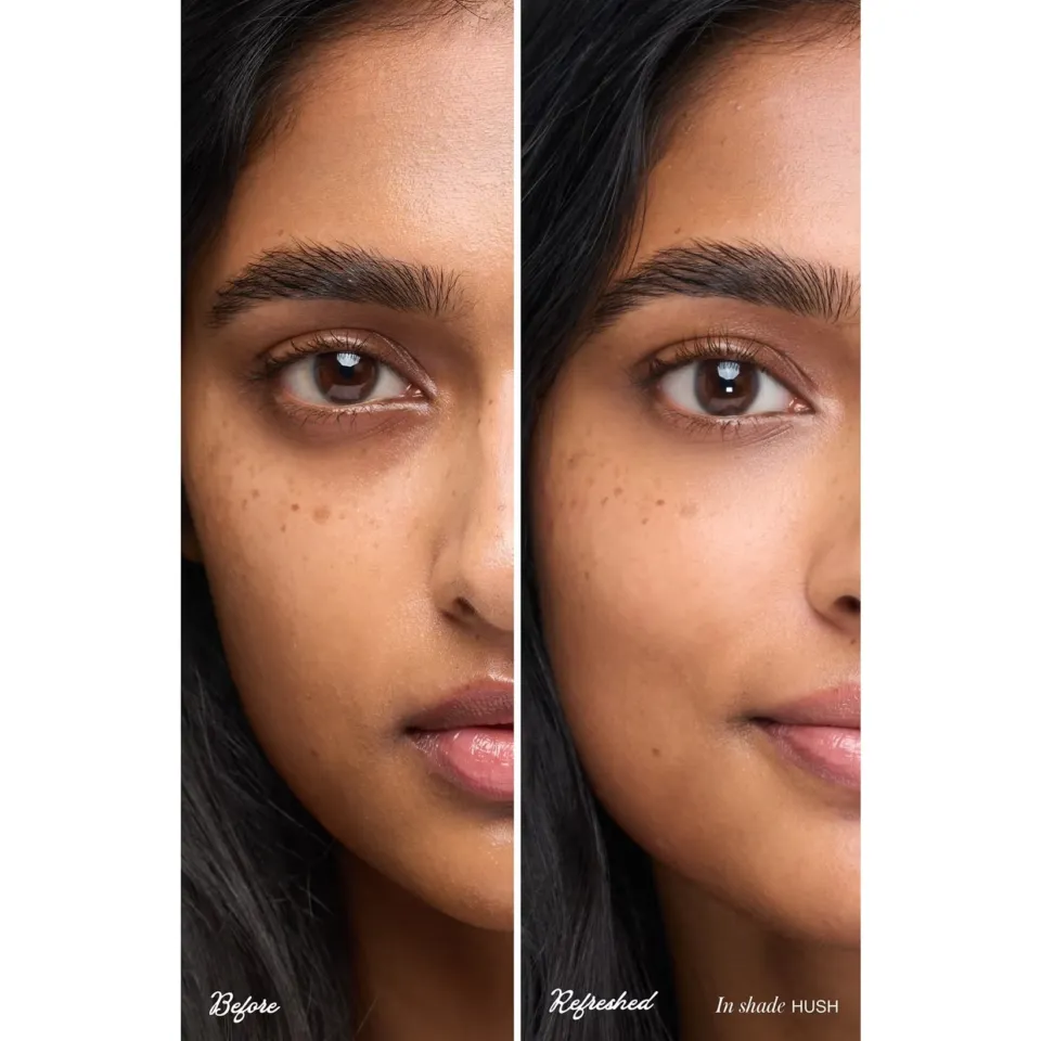 Before and after comparison of skin tone using shade Hush.