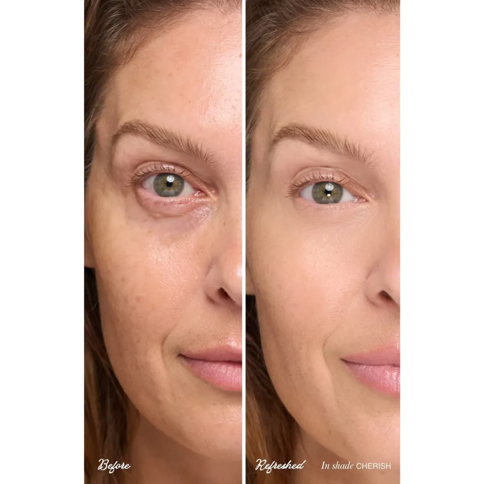 Close-up of a woman's face before and after makeup in shade Cherish.