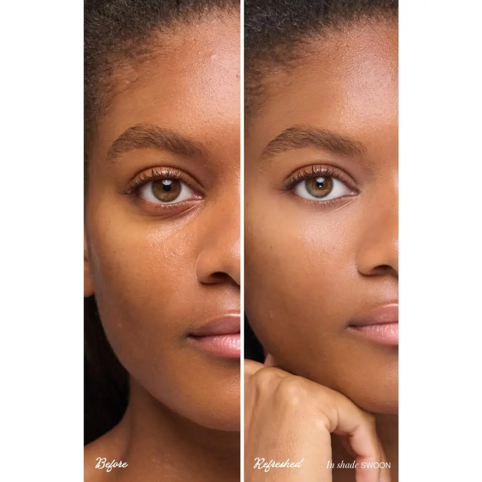 Before and after skincare comparison of a woman's face, text: "Before" and "Refreshed in shade SWOON".
