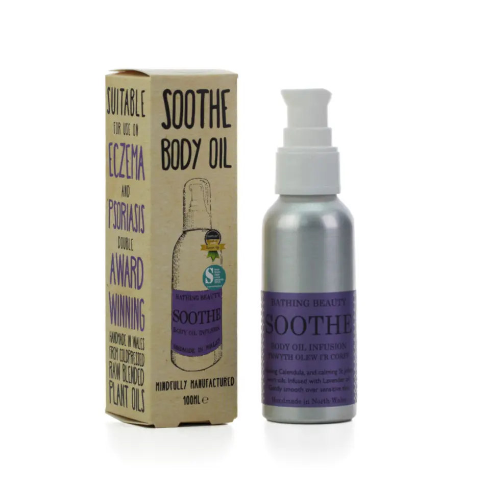 Soothe Body Oil bottle and box, suitable for eczema and psoriasis, 100ml.