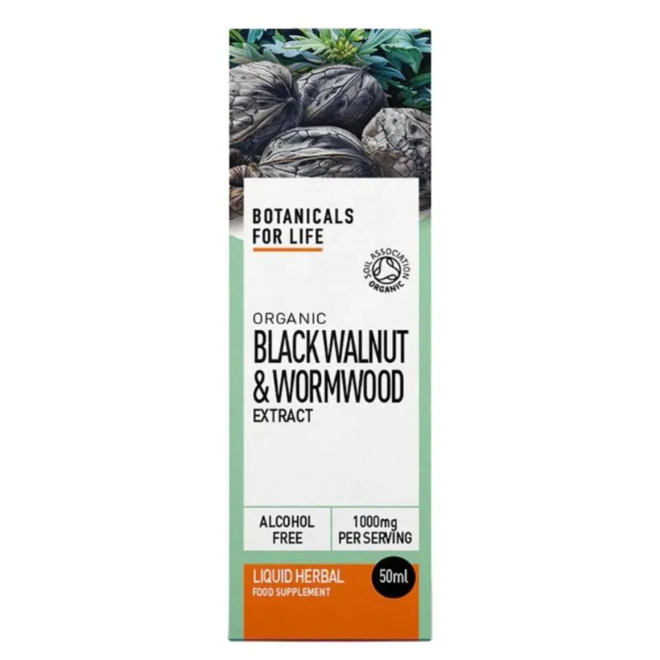 Botanicals for Life Black Walnut & Wormwood Extract, 50ml, organic, alcohol-free, 1000mg per serving.