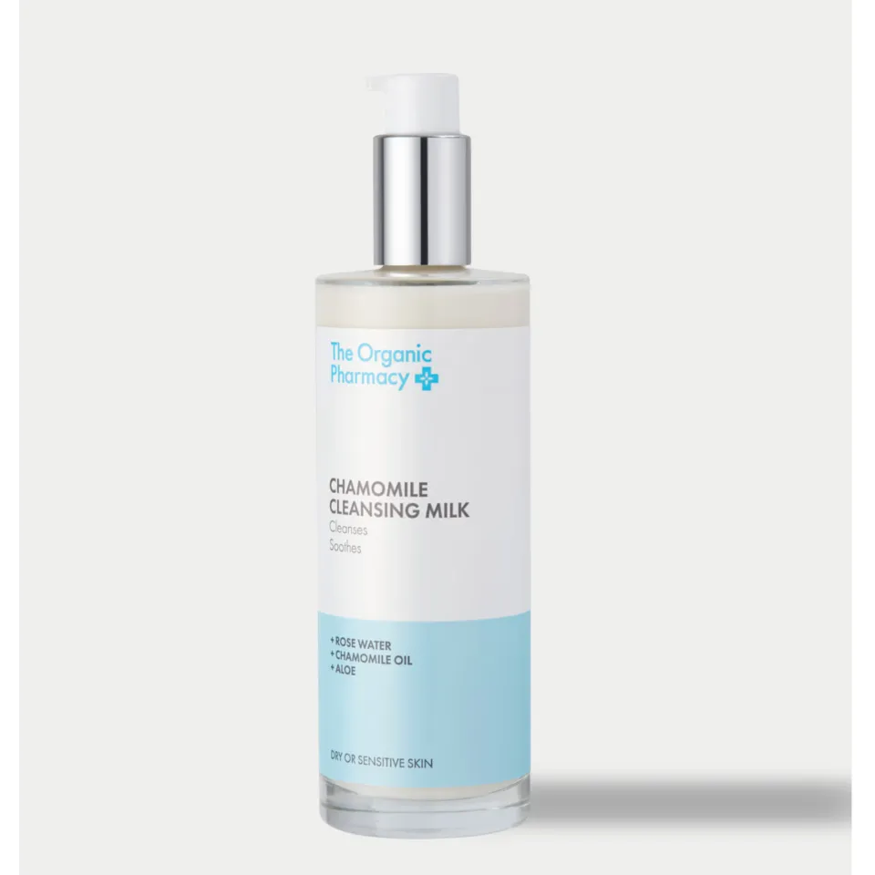 The Organic Pharmacy Chamomile Cleansing Milk bottle with pump dispenser.