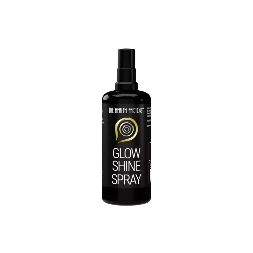 Black bottle labelled "Glow Shine Spray" by The Health Factory.