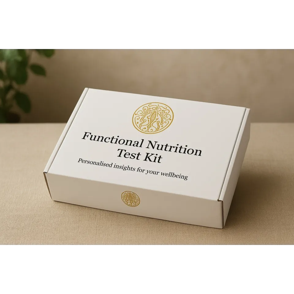 Functional Nutrition Test Kit box on a beige surface with a gold emblem.