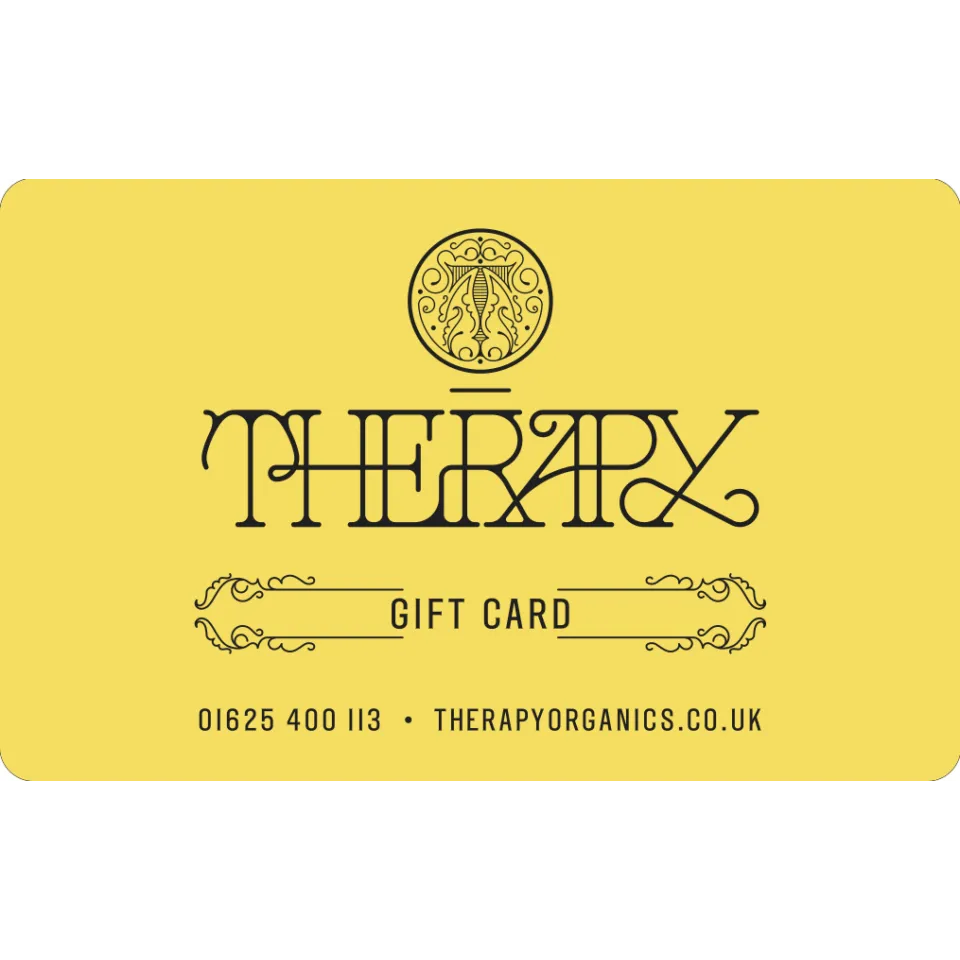 Therapy Organics gift card, yellow background, contact number and website.