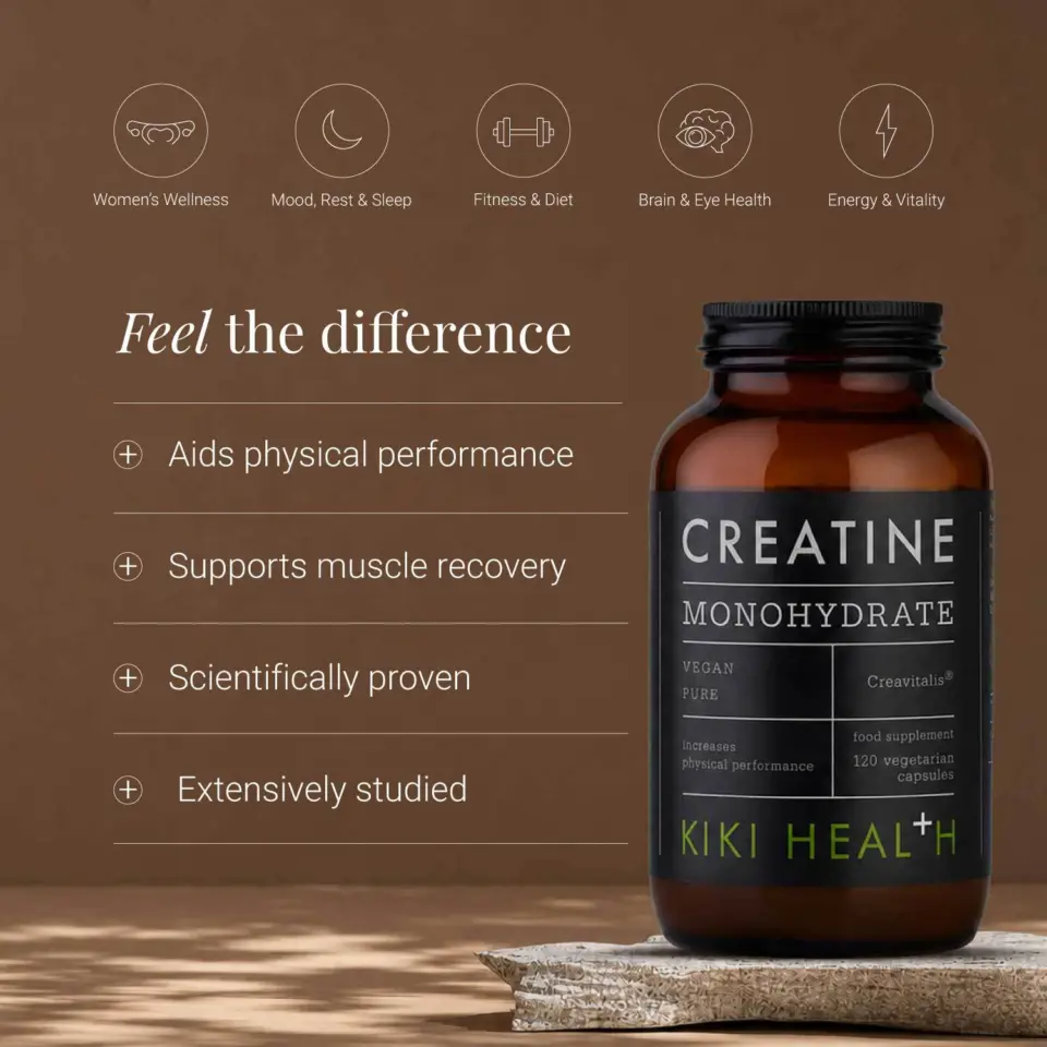 Creatine Monohydrate bottle with benefits: aids performance, supports recovery, scientifically proven.