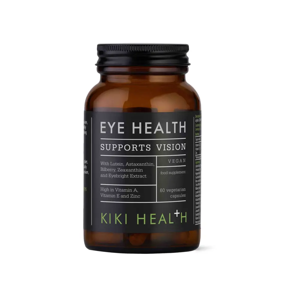 Brown bottle labelled "Eye Health Supports Vision" with 60 vegan capsules.
