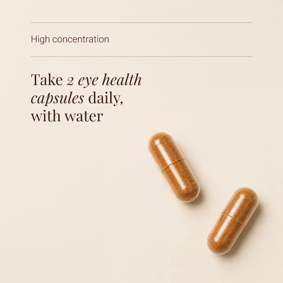 Two brown capsules on beige background with text: "Take 2 eye health capsules daily, with water.