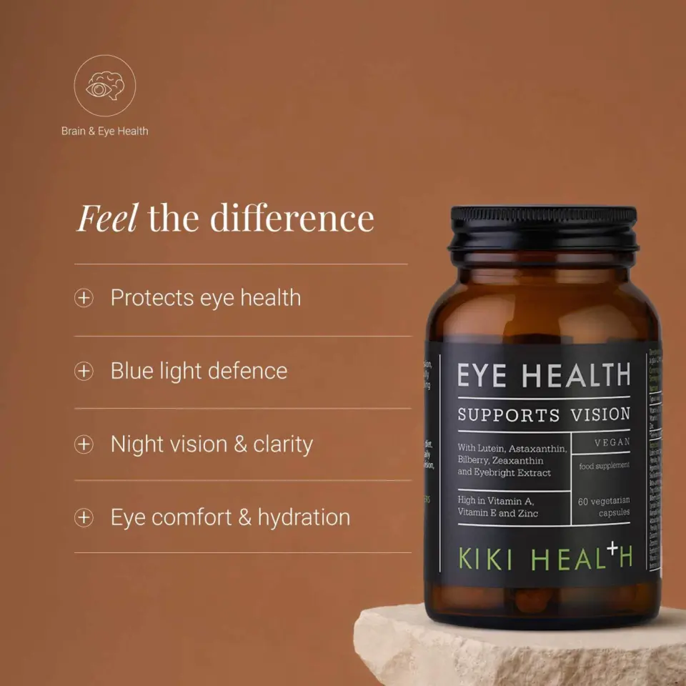 Eye health supplement bottle with benefits: protects eye health, blue light defence, night vision.