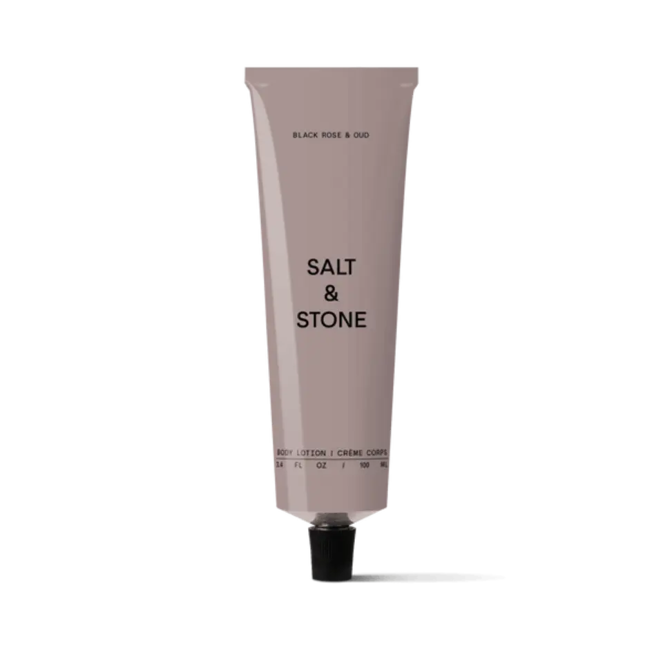 Salt & Stone body lotion tube, black rose and oud, 100 ml.