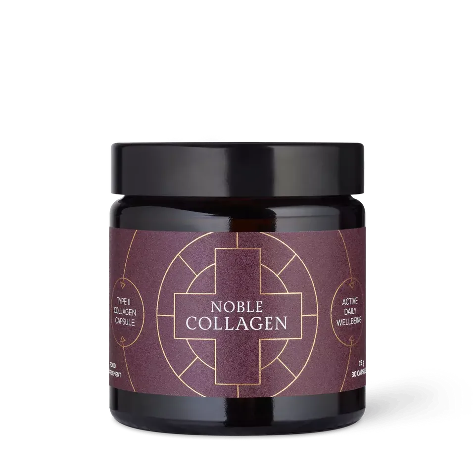 Noble Collagen jar with purple label, type II collagen capsule, 30 capsules.