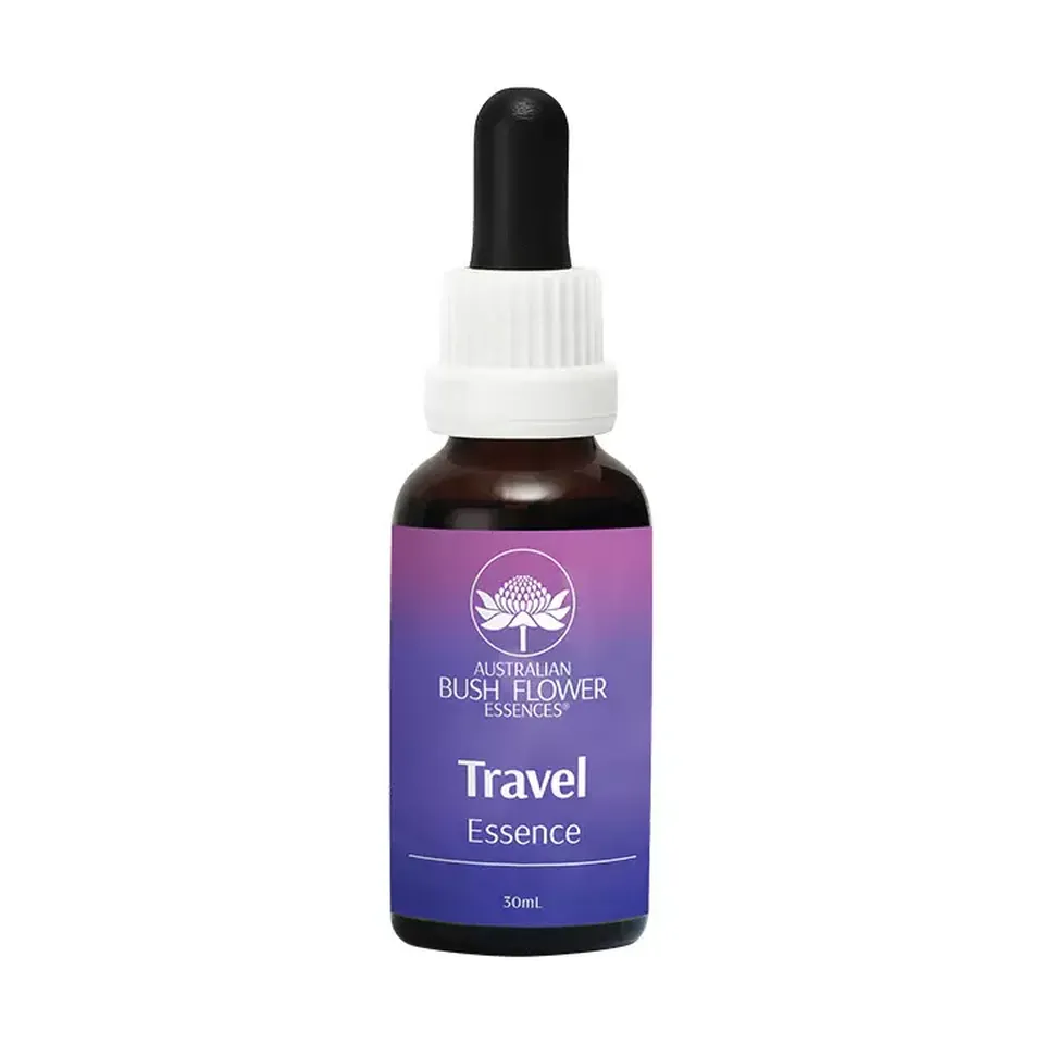 Dropper bottle labelled "Travel Essence" by Australian Bush Flower Essences, 30ml.