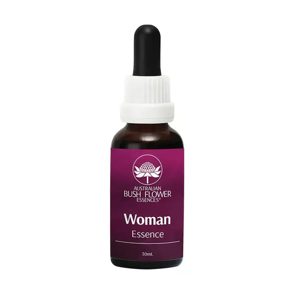 Brown bottle with dropper, labelled "Australian Bush Flower Essences, Woman Essence, 30ml".