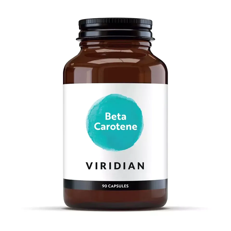 Viridian Beta Carotene, 90 capsules, in a brown bottle with a turquoise label.