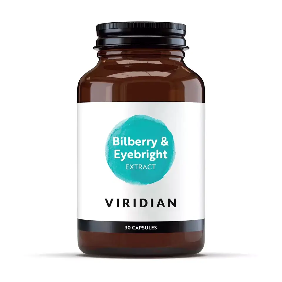 Brown bottle labelled "Bilberry & Eyebright Extract" by Viridian, 30 capsules.