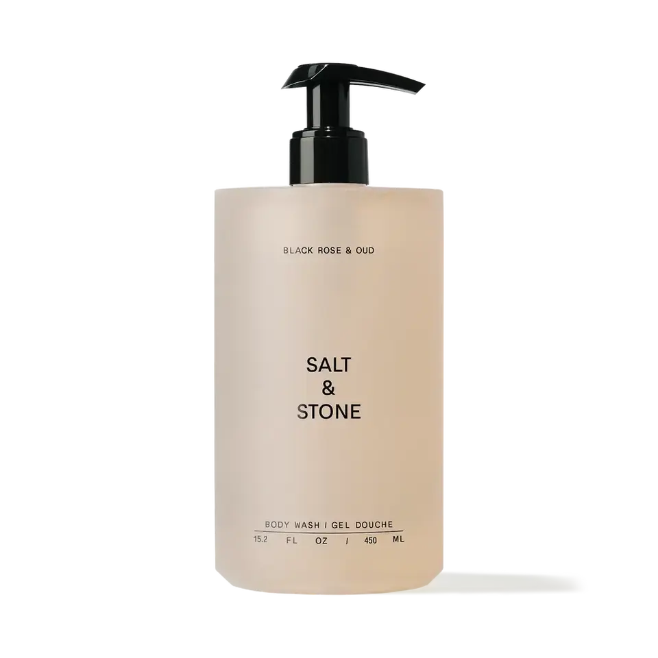 Salt & Stone Black Rose & Oud body wash, 450 ml pump bottle.