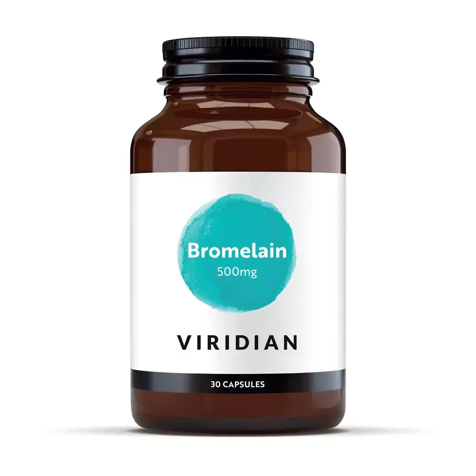 Brown bottle labelled "Bromelain 500mg" by Viridian, contains 30 capsules.