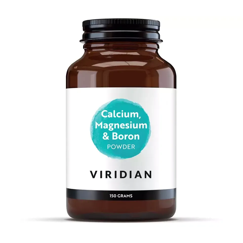 Brown jar labelled "Calcium, Magnesium & Boron Powder" by Viridian, 150 grams.