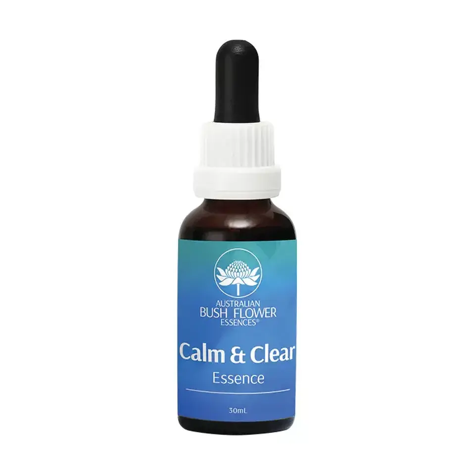 Dropper bottle labelled "Calm & Clear Essence", 30ml, by Australian Bush Flower Essences.