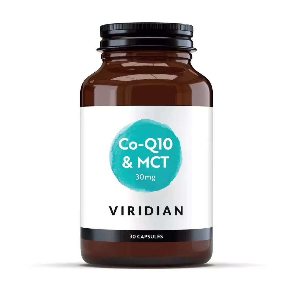 Brown bottle of Viridian Co-Q10 & MCT, 30mg, 30 capsules.