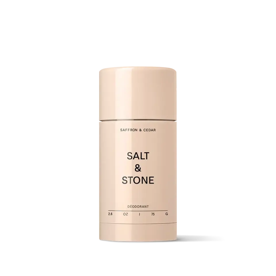 Beige Salt & Stone deodorant stick, saffron and cedar scent, 75g.