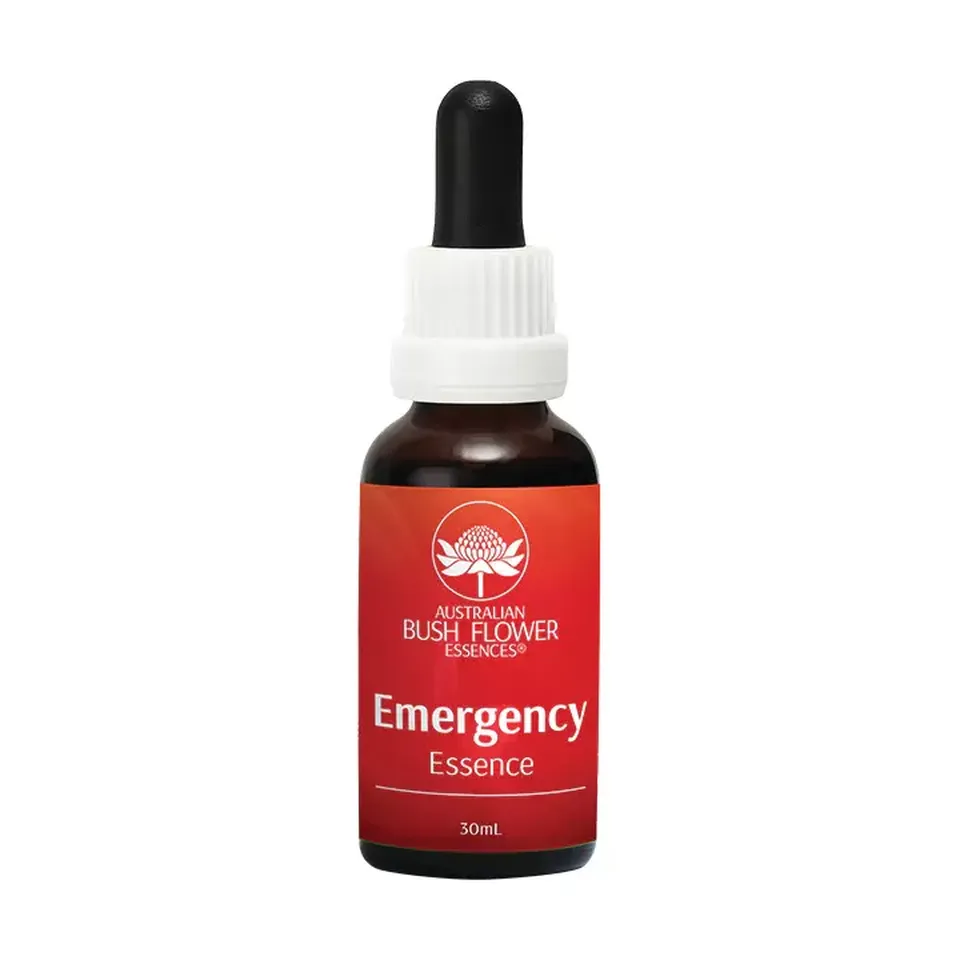 Brown bottle with dropper, red label reads "Australian Bush Flower Essences Emergency Essence 30mL".