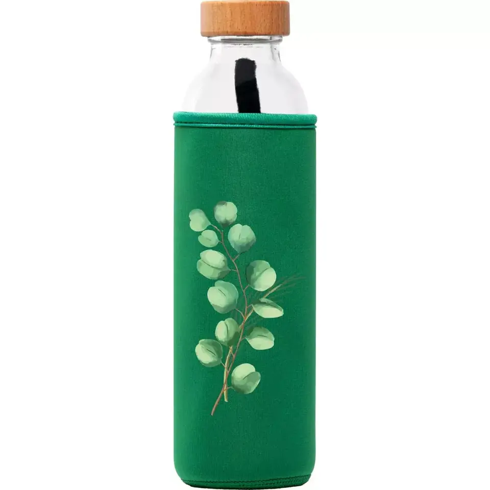Glass bottle with wooden lid in green sleeve featuring eucalyptus design.