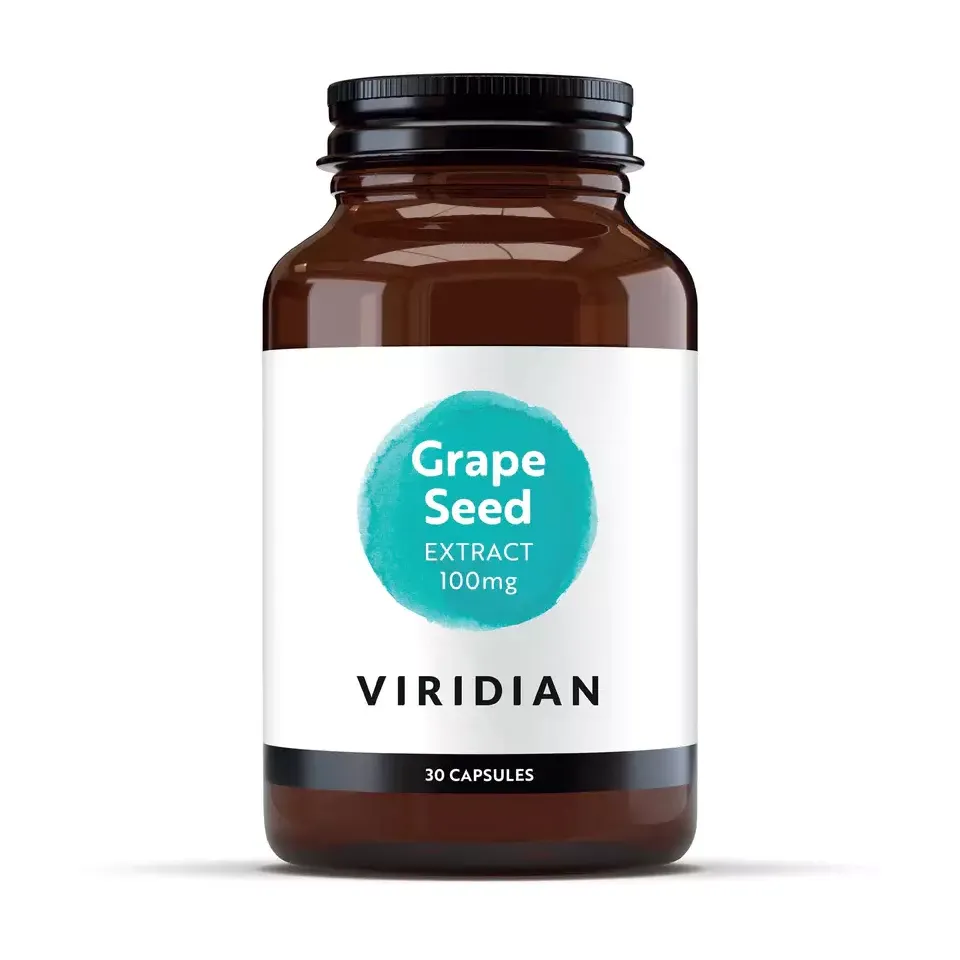 Brown bottle of Viridian Grape Seed Extract, 100mg, 30 capsules.