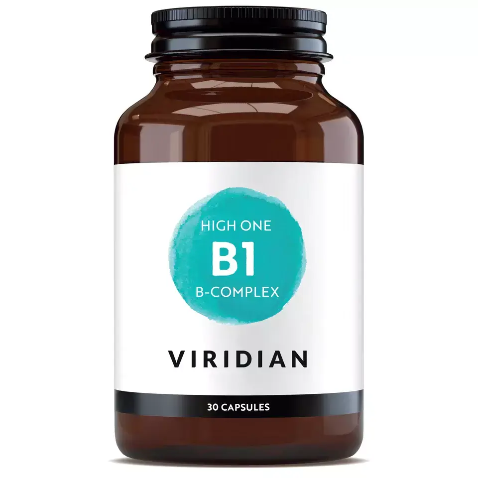 Brown bottle labelled "Viridian High One B1 B-Complex, 30 capsules".