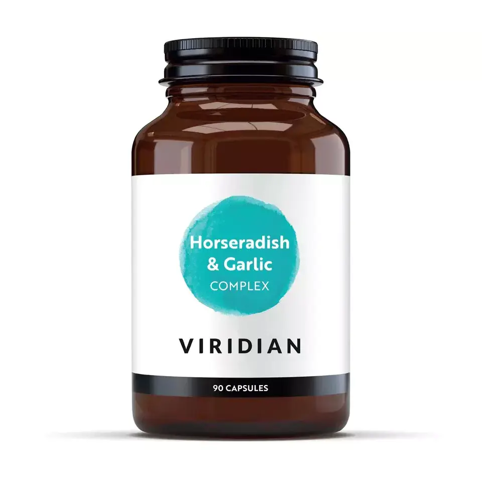 Brown bottle of Viridian Horseradish & Garlic Complex, 90 capsules.