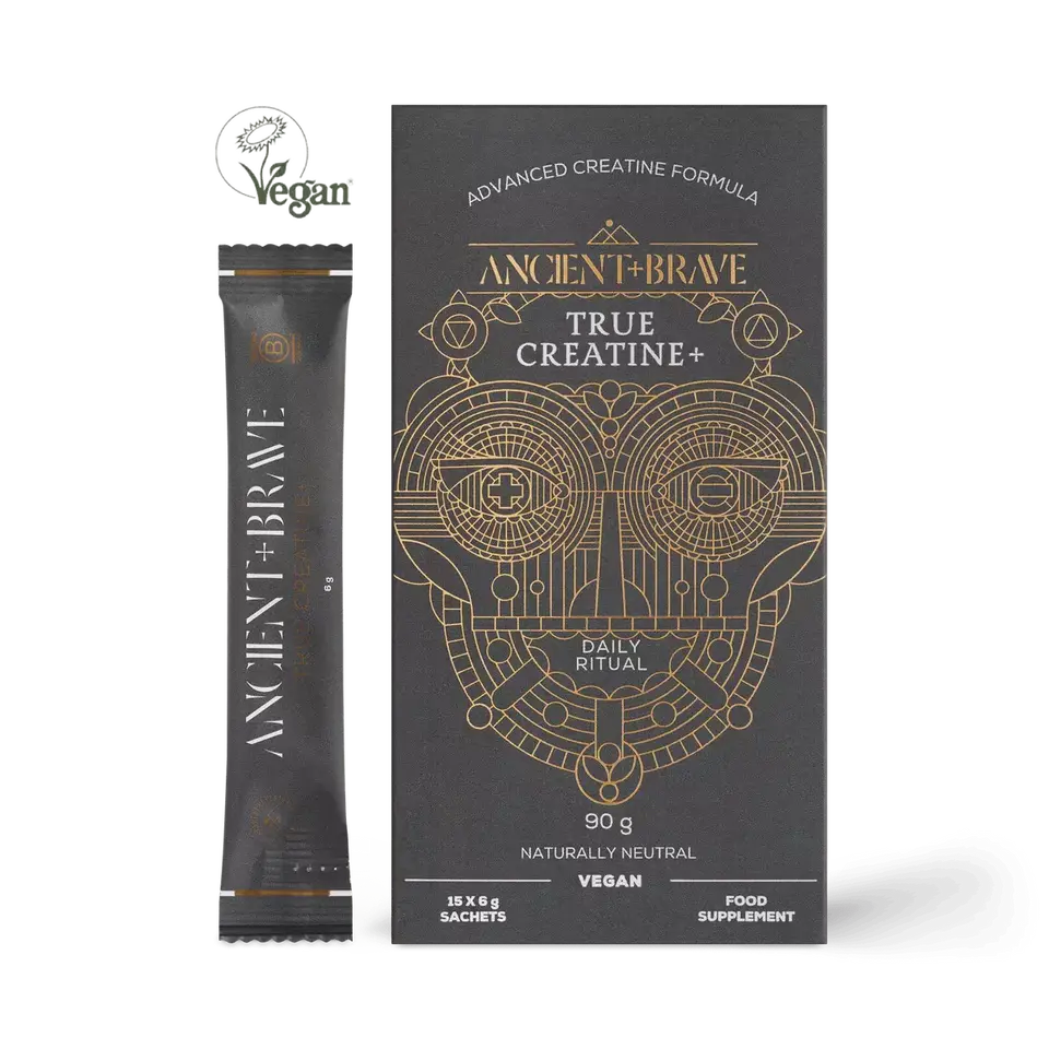 Ancient + Brave True Creatine+ box and sachet, vegan, 90g, daily ritual supplement.