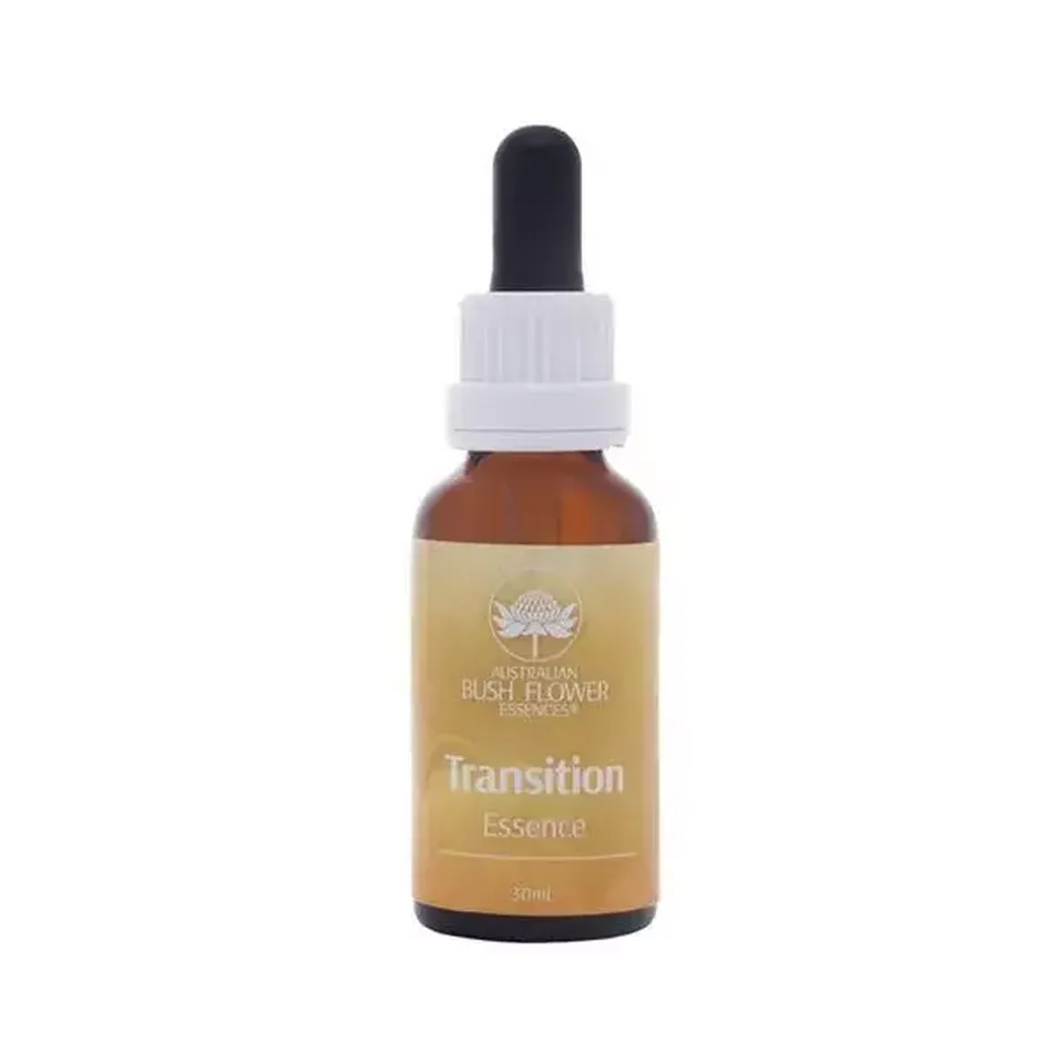 Brown bottle with dropper, labelled "Australian Bush Flower Essences Transition Essence 30ml".
