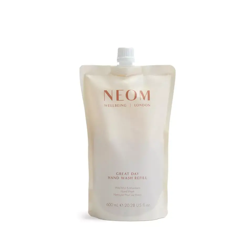 Neom Great Day Hand Wash Refill, 600ml pouch. Wild mint and mandarin scent.