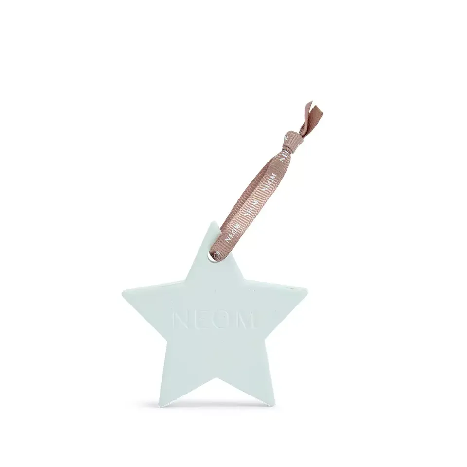 Pale blue star-shaped ornament with "NEOM" text and a brown ribbon loop.