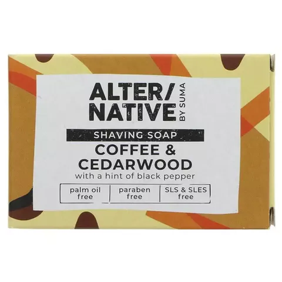 ALTER/NATIVE shaving soap, coffee and cedarwood, palm oil and paraben free.