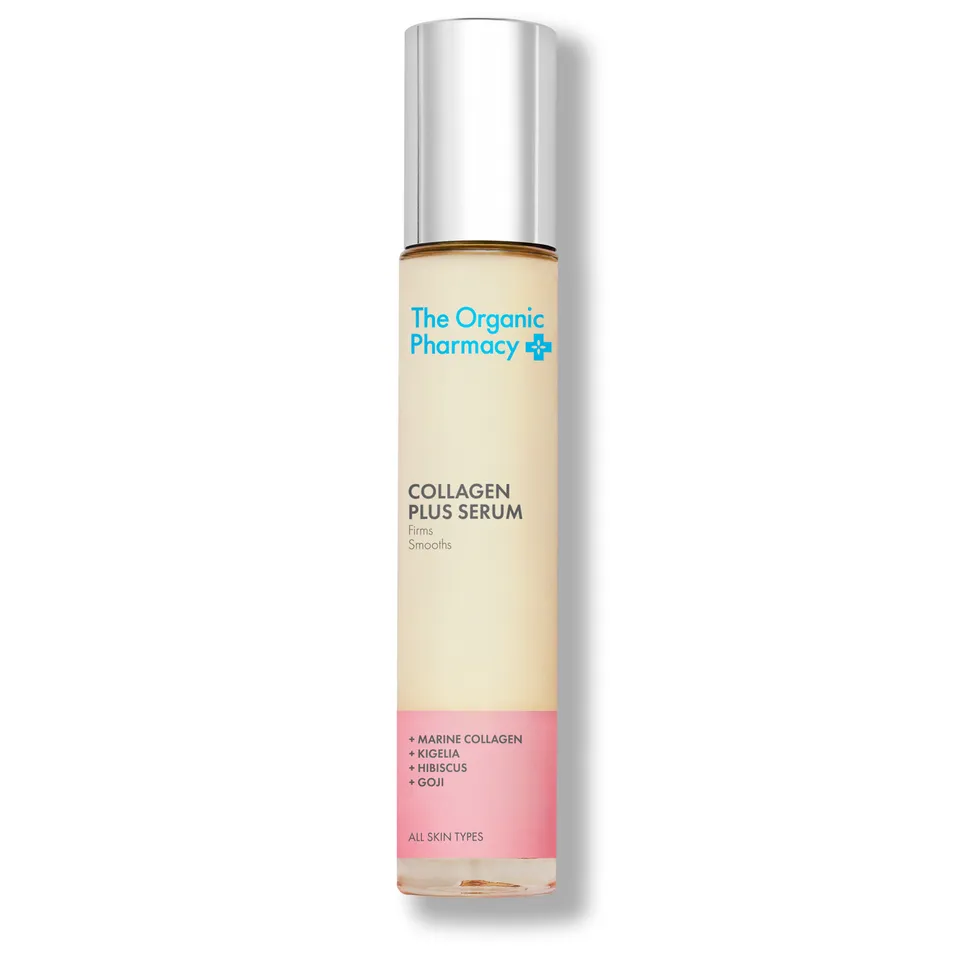 The Organic Pharmacy Collagen Plus Serum bottle with silver cap.