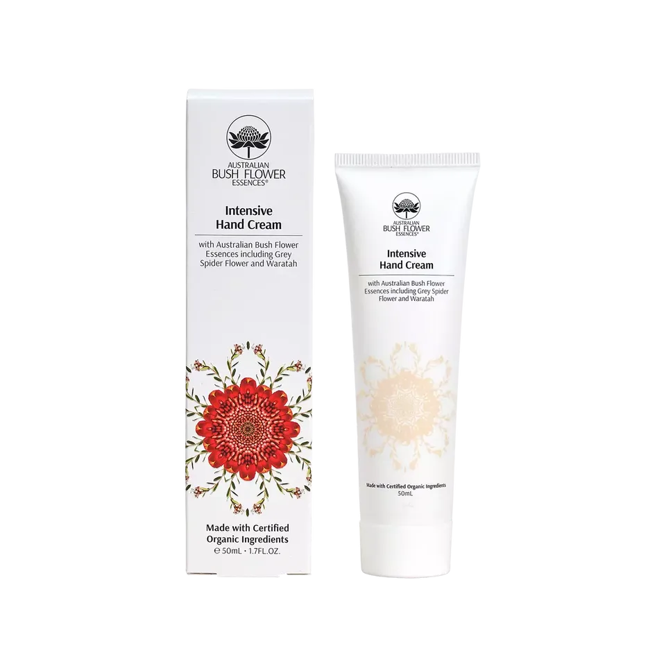 Intensive Hand Cream with Australian Bush Flower Essences, 50ml tube and box with floral design.