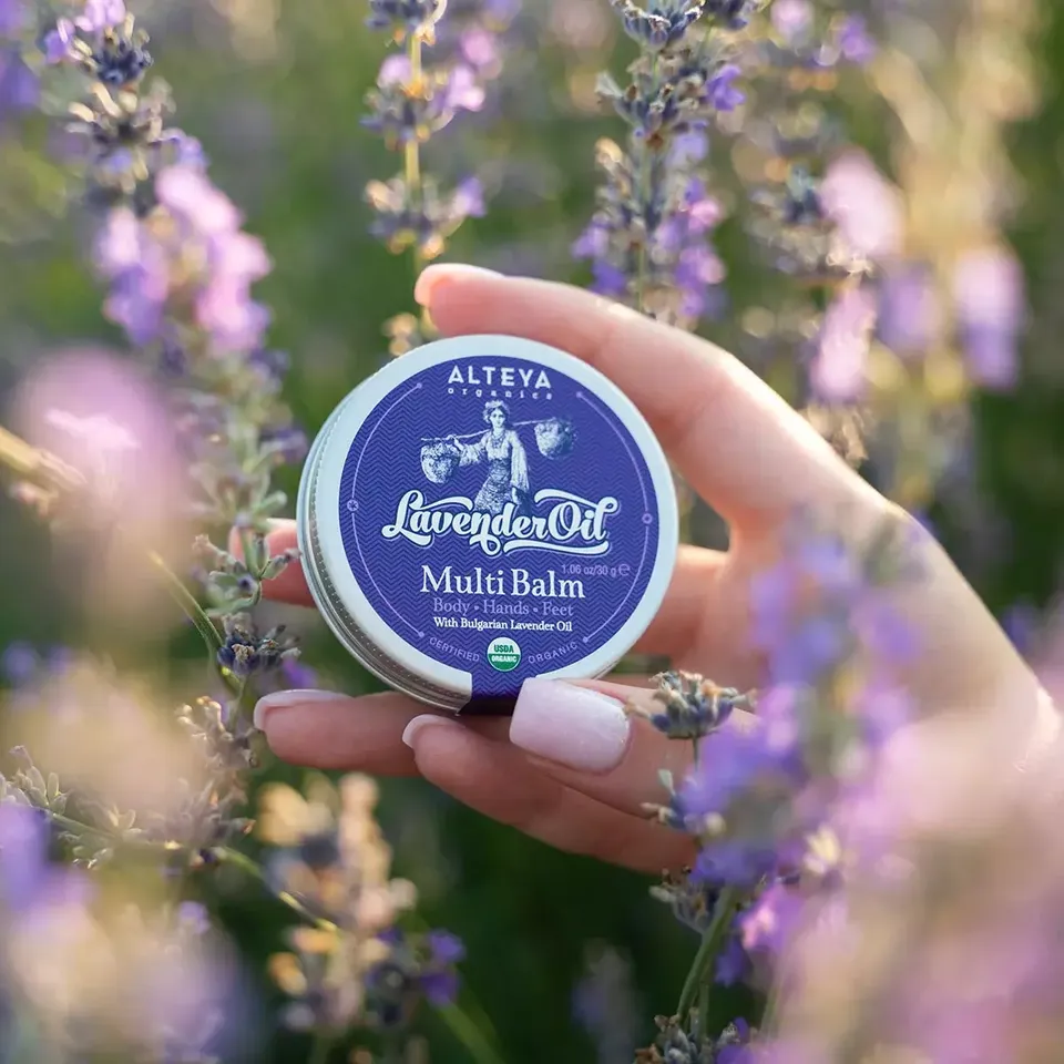 Hand holding Alteya Organics Lavender Oil Multi Balm in a lavender field.